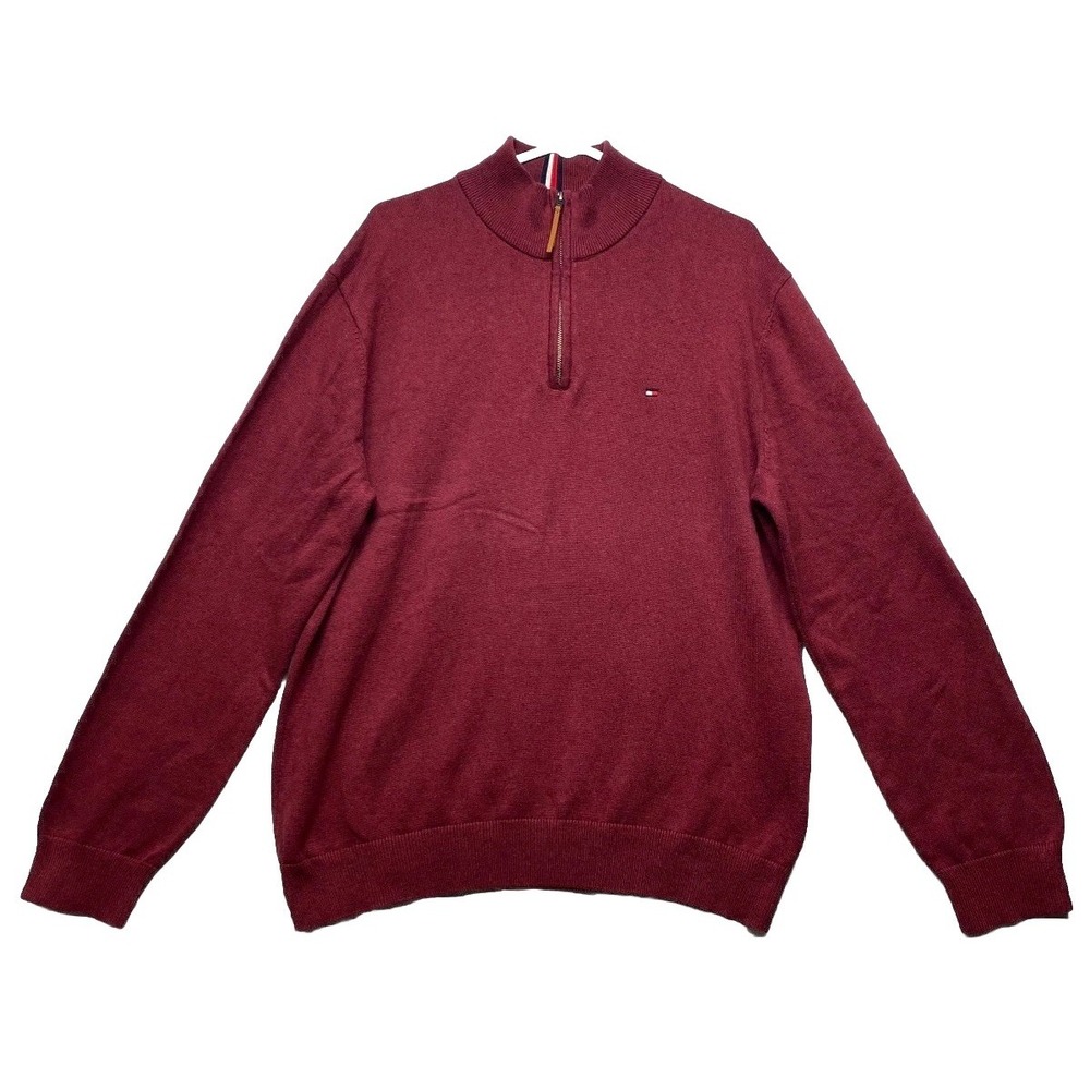 Tommy Hilfiger Sweater Men XL Maroon Cotton Knitted Ribbed Mock Neck Quarter Zip